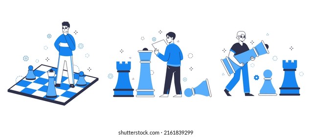People with chess, business strategy players, pieces. Business characters playing giant chess, tactics and planning strategy vector background illustration. Сhess game concept