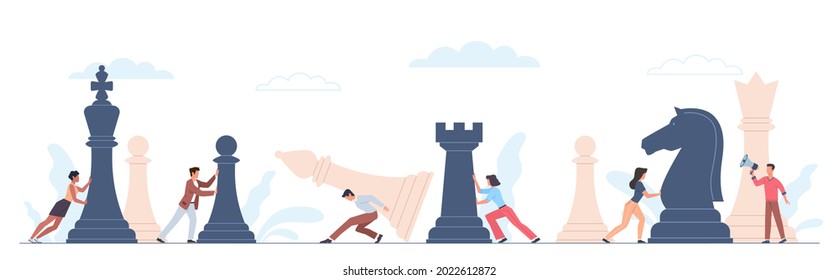 People with chess. Mini men and women push big pieces. Group of office workers playing tactical game. Gamers move heavy figures. Vector teamwork strategy and business planning concept