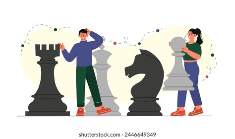 People with chess pieces. Man and woman with horse, pawn and rook. Planning and motivation, vision of future. Businesspeople with financial goals. Cartoon flat vector illustration