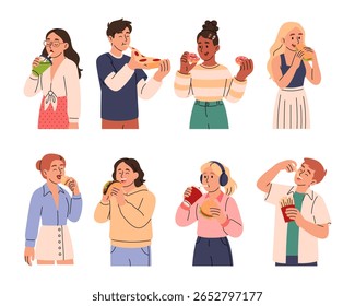 People chew food. Character having lunch. Office snacks. Tasty outdoor meal. Man and woman eating fastfood on go. Enjoy break with sandwich and cola drink. Unhealthy burger. Vector illustrations set