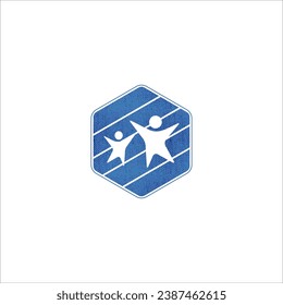 People child and adult or teacher in hexagon logo with grunge effect. Stock vector illustration isolated on white background.