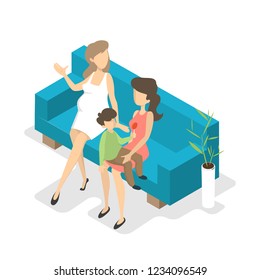 People with a child waiting in queue in clinic. Wait for doctor professional examination. Isolated vector isometric illustration