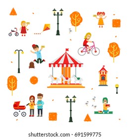 People and children in the amusement park vector flat infographic elements isolated on white background. Walks at the park and doing activities