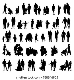 People and children black isolated silhouettes set.