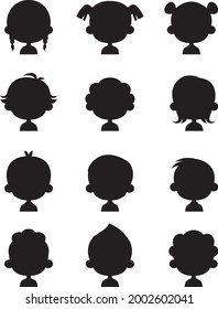 People children characters avatars  vector set. Portraits of anonymous kids users black silhouettes of boy and girl on a white background