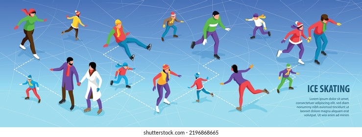 People children families skating on ice rink isometric infographics with editable text 3d vector illustration