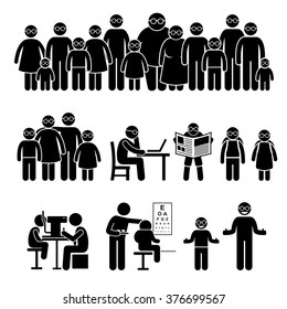 People Children Family Wearing Glasses Stick Figure Pictogram Icons