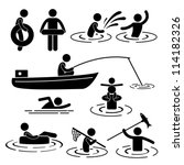 People Children Leisure Swimming Fishing Playing at River Water Stick Figure Pictogram Icon