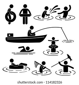 People Children Leisure Swimming Fishing Playing at River Water Stick Figure Pictogram Icon