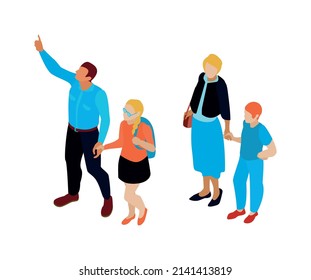 People with children on excursion 3d isometric isolated vector illustration