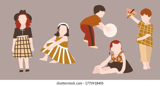 People, children on an isolated background. Flat illustration. Set of images of children. Children play, a girl sits, a boy with a ball, girls in beautiful dresses. Logo of children's clothing and toy