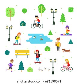 Personas y niños en el parque vectorial elementos infográficos planos aislados en fondo blanco. Caminatas en el parque y actividades