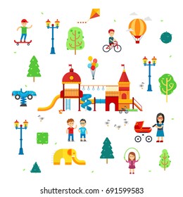 People and children in the park vector flat infographic elements isolated on white background with colorful elements and playground