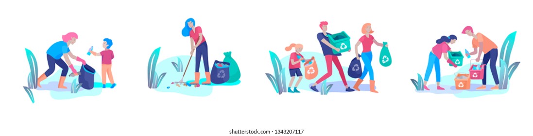 people and children Recycle Sort organic Garbage in different container for Separation to Reduce Environment Pollution. Family with kids collect garbage. Environmental day vector cartoon illustration