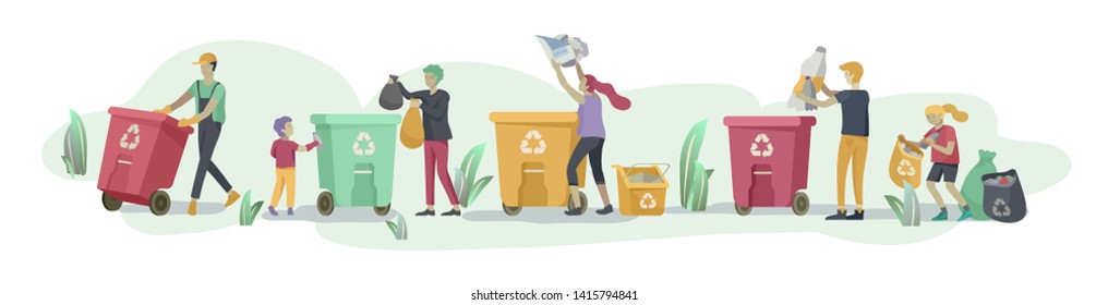 people and children Recycle Sort organic Garbage in different container for Separation to Reduce Environment Pollution. Family with kids collect garbage. Environmental day vector cartoon illustration