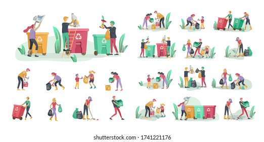 People And Children Recycle Sort Organic Garbage In Different Container For Separation To Reduce Environment Pollution. Family With Kids Collect Garbage. Environmental Day Vector Cartoon Illustration