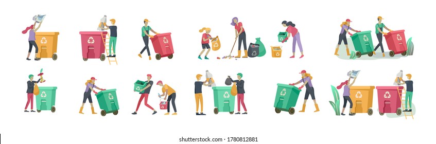 personas y niños reciclan Ordenar basura orgánica en diferentes contenedores para la separación para reducir la contaminación ambiental. Familia con hijos recolecta basura. Ilustración de dibujos animados vectoriales de día del medio ambiente