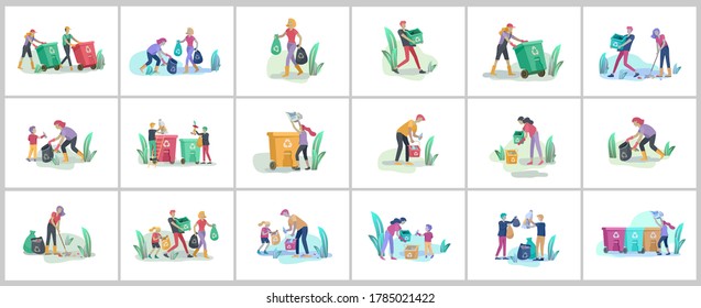 people and children Recycle Sort organic Garbage in different container for Separation to Reduce Environment Pollution. Family with kids collect garbage. Environmental day vector cartoon illustration