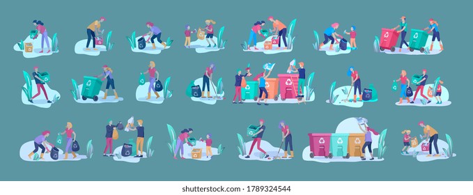 people and children Recycle Sort organic Garbage in different container for Separation to Reduce Environment Pollution. Family with kids collect garbage. Environmental day vector cartoon illustration