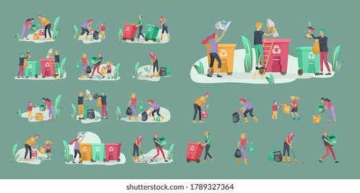 people and children Recycle Sort organic Garbage in different container for Separation to Reduce Environment Pollution. Family with kids collect garbage. Environmental day vector cartoon illustration