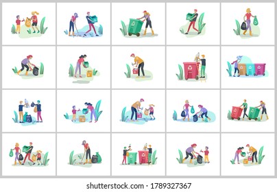 people and children Recycle Sort organic Garbage in different container for Separation to Reduce Environment Pollution. Family with kids collect garbage. Environmental day vector cartoon illustration