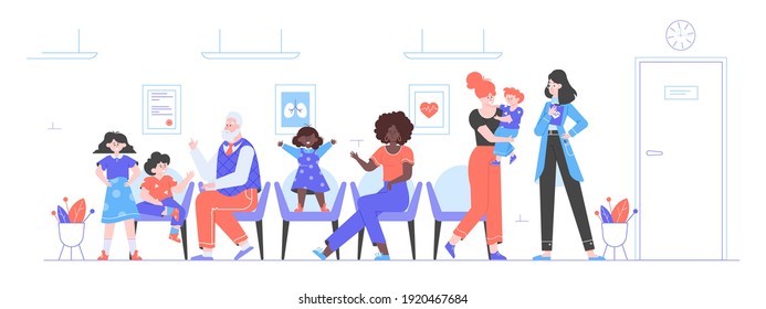 Menschen mit Kindern sitzen in der Lobby der Klinik. Schlange im Krankenhaus, um den Arzt zu sehen. Pädiatrie. Wartezimmer. Vektorflache Illustration.