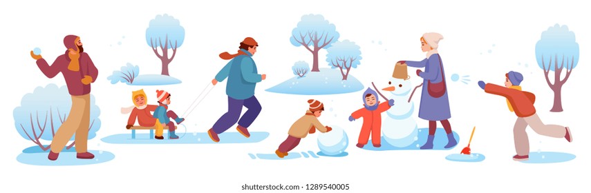 people with children walk in the Park in the winter, sledding, playing snowballs, sculpt a snowman.