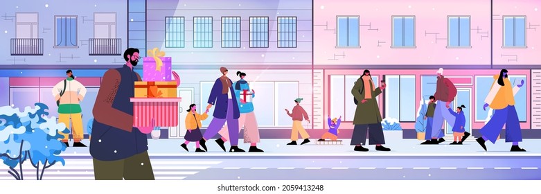 people with children walking at city street christmas new year holidays celebration concept winter cityscape