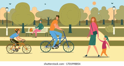 People with children Walking Cycling in City Park Lifestyle. Father and Son Riding Bicycle. Mother and Daughter on Walk. Teenager Student Reading Book on Bench. Outdoor Pastime. Vector Illustration