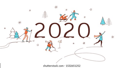 People children walking, skating, skiing, creating a snowman. Winter Happy New Year Merry Christmas fun activities. Hand line drawing doodle colored vector illustration poster greeting card invitation