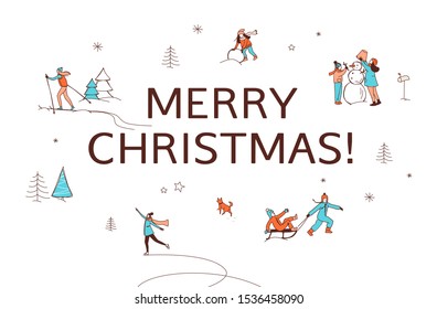People children walking, skating, skiing, creating a snowman. Winter Happy New Year Merry Christmas fun activities. Hand line drawing doodle colored vector illustration poster greeting card invitation