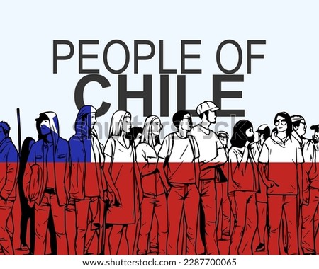 People of Chile with flag, silhouette of many people, banner of diversity or protest in Chile, group of person, society and audience concept, gathering idea
