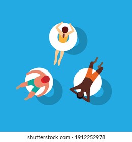 People chilling on the pool float in the swimming pool, enjoy summer and relax. Vector illustration