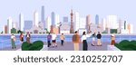 People in China city. Chinese cityscape, urban panorama. Tourists walking in Shanghai center, street. Asian oriental architecture, buildings, skyscrapers, pagoda, towers. Flat vector illustration