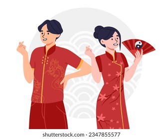 People at chinese costumes concept. Man and woman in red suits with tshirts and fan. Traditional asian holiday, celebration and festival greeting postcard. Cartoon flat vector illustration