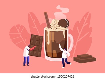 People and Chocolate Concept. Tiny Male Character Carry Huge Choco Bar, Man Stand at Cup with Cocktail Decorated with Cookies and Cream. Bakery Shop, Confectionery. Cartoon Flat Vector Illustration