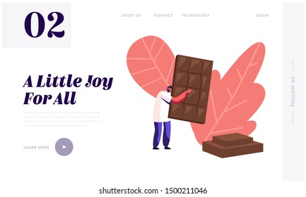 Página de Aterrizaje de Sitio Web de Personas y Conceptos de Chocolate. Pequeño personaje masculino lleva un enorme Choco Bar en una panadería o pastelería, y el banner de la página web de postres deliciosos caseros. Ilustración de vectores de caricatura