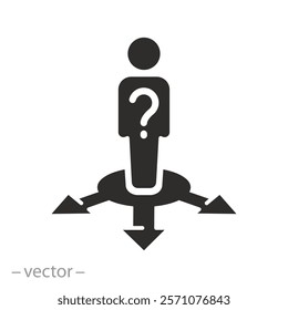people choice lost, man with question decision icon, answer doubt, business direction crossroad, person in confuse, flat vector illustration