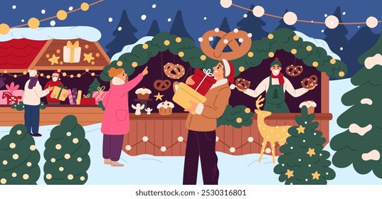 People choose Christmas gifts at fair. Visitors buy sweets, decorations and souvenirs in wooden New Year kiosks. Xmas marketplace. Holiday presents and pastry selling