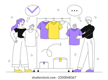 People choose clothes line. Man and woman near hangers with multicolored Tshirts. Fashion, trend and style. Young guy and girl with apparel, wear. Linear flat vector illustration