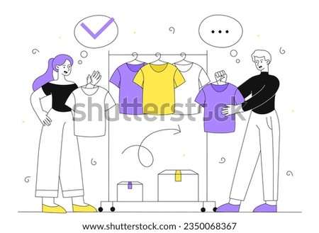 People choose clothes line. Man and woman near hangers with multicolored Tshirts. Fashion, trend and style. Young guy and girl with apparel, wear. Linear flat vector illustration