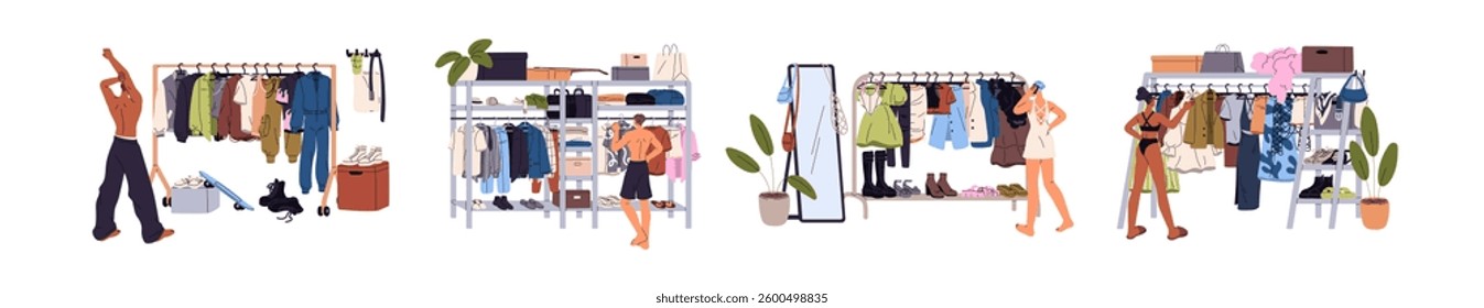 People choose clothes on hanger rack set. Characters look for outfit in closet with rail and shelves. Sort, cleaning, decluttering of wardrobe. Flat isolated vector illustrations on white background