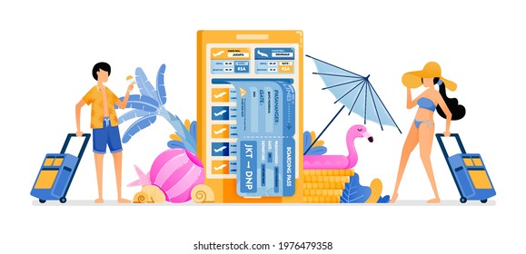 People choose flight tickets to tropical countries for summer vacation. Mobile apps for purchasing airline tickets. Illustration can be used for landing page, banner, website, web, poster, brochure