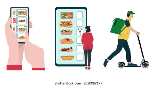 People choose food in the mobile app, order ready-made dishes online. Fast delivery of food and groceries. The courier rides on a scooter with a backpack. Vector illustration.