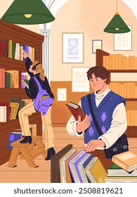 Las Personas eligen la literatura para leer en la librería. Los estudiantes escogen libros de texto para aprender en la Biblioteca pública. Chica consigue libro de alta estantería. Interior de la librería. Ilustración vectorial plana