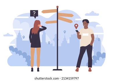 People choose pathway, standing on crossroad near signpost with arrows on way vector illustration. Cartoon confused man and woman making choice of direction, searching information in mobile phone