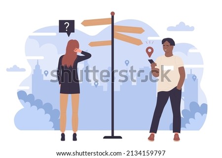 People choose pathway, standing on crossroad near signpost with arrows on way vector illustration. Cartoon confused man and woman making choice of direction, searching information in mobile phone