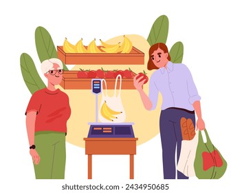 People choose products concept. Woman and grandmother near fruits and vegetables. Customers and buyers in grocery store or market. Cartoon flat vector illustration isolated on white background