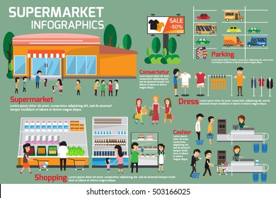 People choose products in the shop and buy goods with people standing at the front of supermarket and cashier point, concept of people shopping in market. illustration