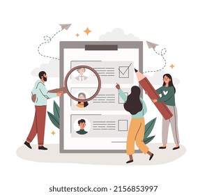 People choose resumes. Men and girls analyze candidates for vacancy. HR managers select employees for organization to expand staff. Worker skills assessment. Cartoon flat vector illustration